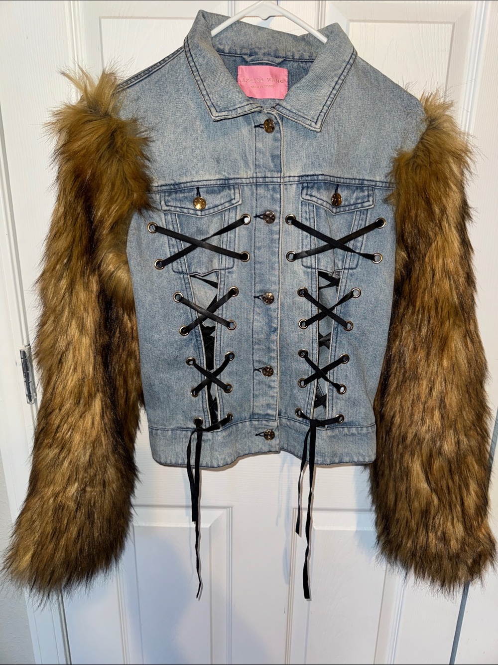 Light Blue Denim Jacket Brown Faux Fur Sleeves Black Lace-Up Front & Back NWOT